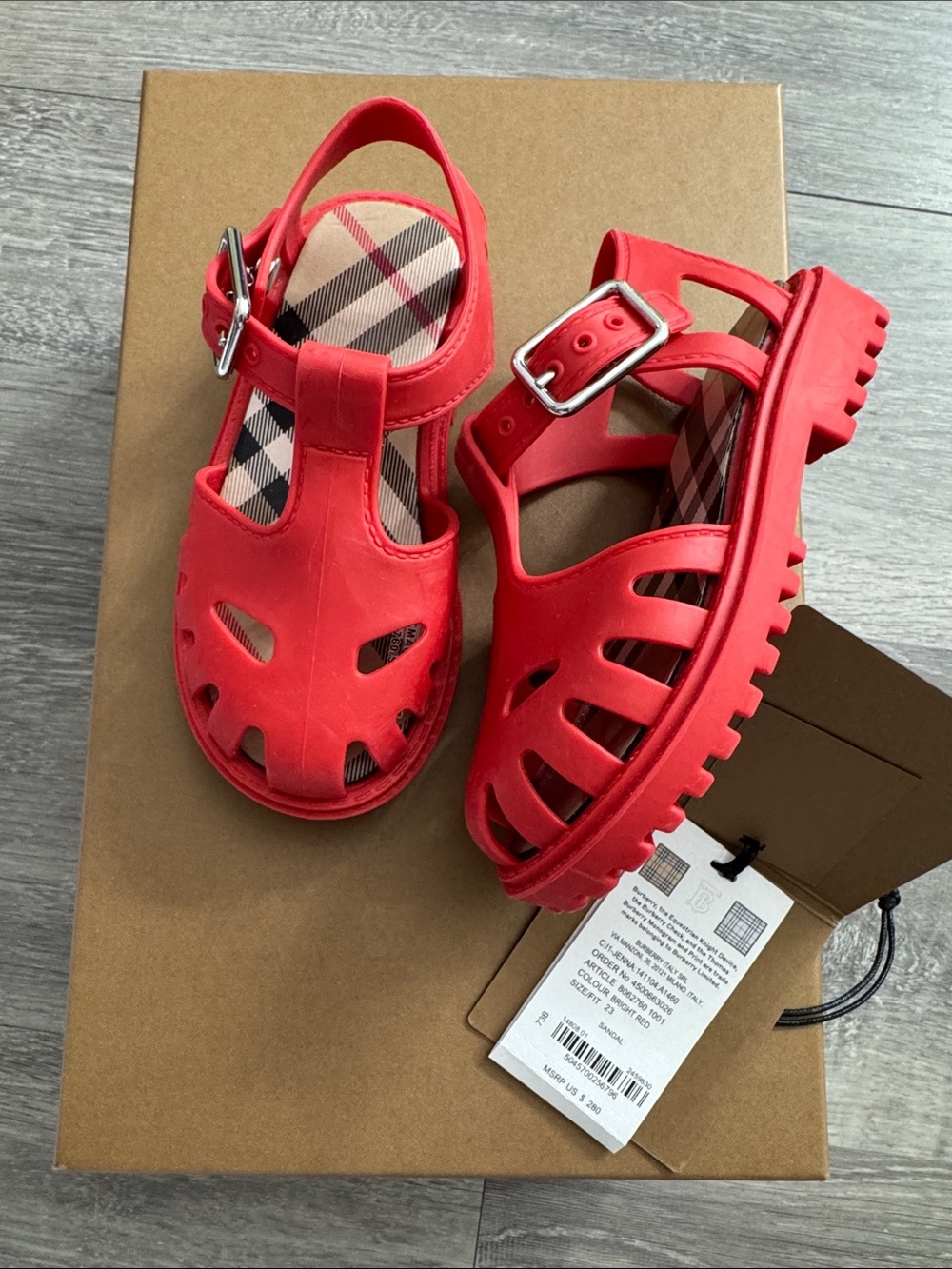 Burberry Red Kids Sandals with Signature Check Insole